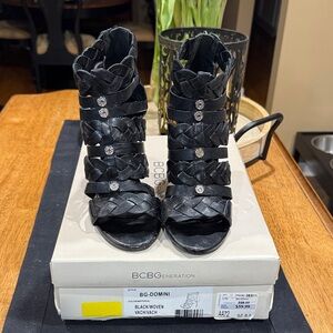 BCBGeneration Black Strappy Heels with Rhinestone Buttons